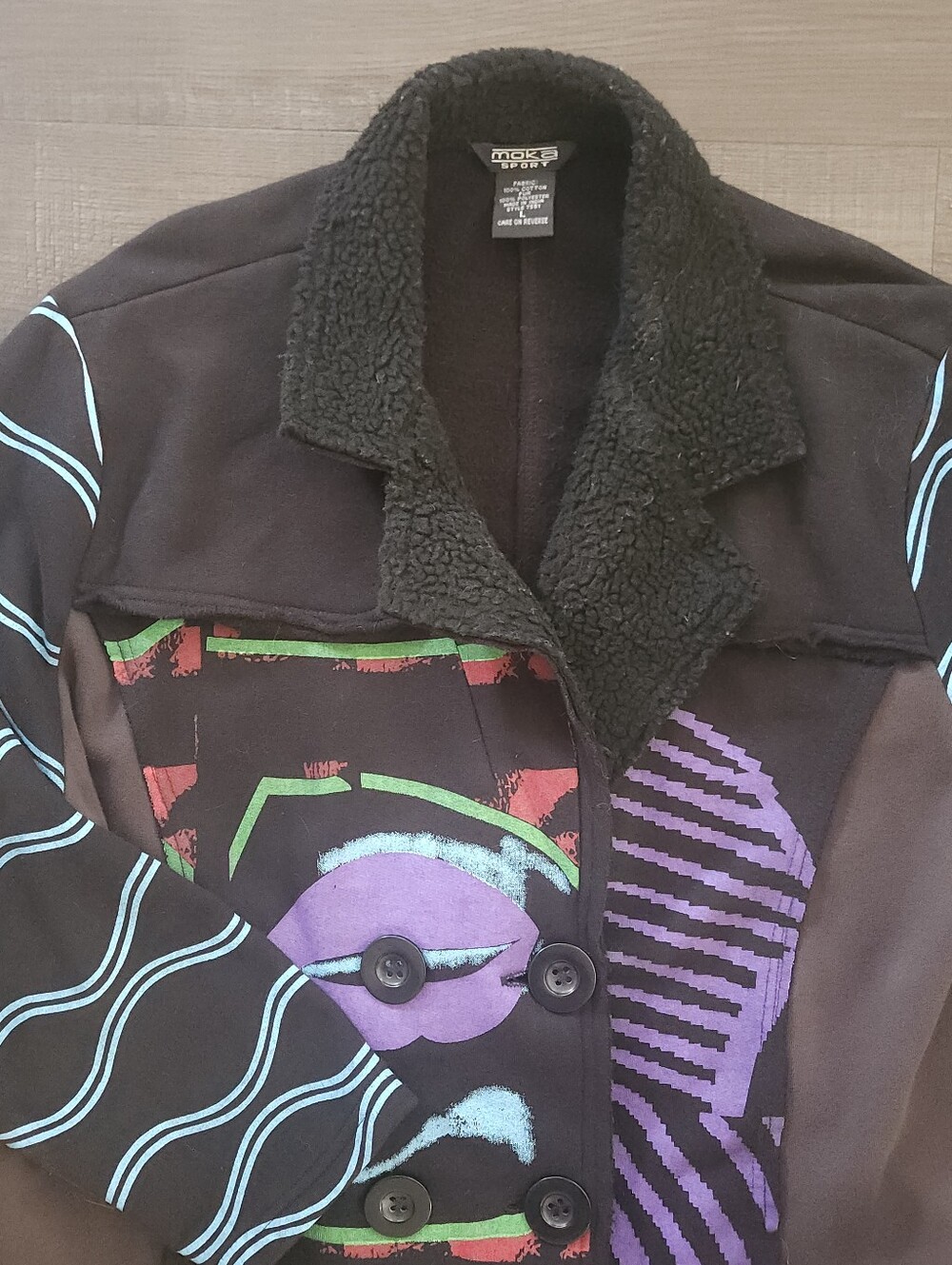 Moka Sport Mixed Media Art to Wear Patchwork Car Coat Lips Dragonfly - Size L - Picture 4 of 11